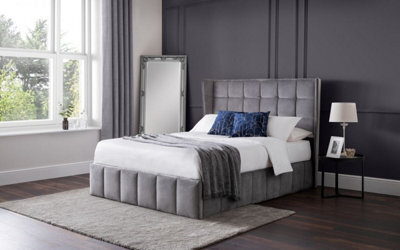 "Ashfield Premium - Grey Plush Velvet Ottoman Bed - Double 4Ft 6"" (135Cm)" - image 1