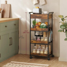 Songmics Rolling Cabinet, 4-Tier Multi-Purpose Cart With Drawer And Handle System, Rustic Brown And Ink Black - thumbnail 1