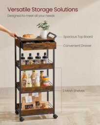 Songmics Rolling Cabinet, 4-Tier Multi-Purpose Cart With Drawer And Handle System, Rustic Brown And Ink Black - thumbnail 4