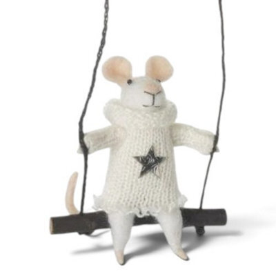 Heaven Sends Christmas Felt Mouse On Wooden Swing Hanging Christmas Tree Decoration, 19 X 10.5 Cm