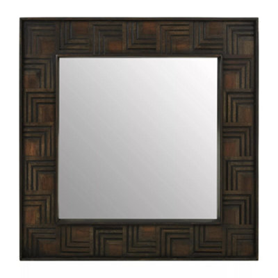Orsina Boho Square Wall Mirror, Weathered Dark Mango Wood Frame With Carved Detail, Decorative Sustainable Mirror - image 1
