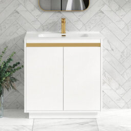 Royal Bathrooms Orion 800mm Matt White 2 Door Floor Standing Vanity Unit With Ceramic Basin & Brushed Brass Strip - thumbnail 2