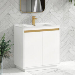 Royal Bathrooms Orion 800mm Matt White 2 Door Floor Standing Vanity Unit With Ceramic Basin & Brushed Brass Strip - thumbnail 5