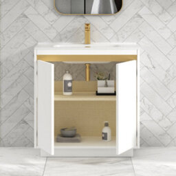 Royal Bathrooms Orion 800mm Matt White 2 Door Floor Standing Vanity Unit With Ceramic Basin & Brushed Brass Strip - thumbnail 4