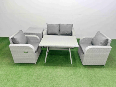 Fimous Light Grey Pe Wicker Rattan Garden Furniture Set Sofa Set Reclining Chair Love Sofa Rectangular Dining Table Side Table - image 1