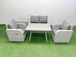 Fimous Light Grey Pe Wicker Rattan Garden Furniture Set Sofa Set Reclining Chair Love Sofa Rectangular Dining Table Side Table - thumbnail 1