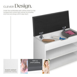 Tectake Shoe Rack Jasmina - Bench With Cushion, 2 Shelves For 6 Pairs Of Shoes, Hinged Lid - 60 Cm - White - thumbnail 3