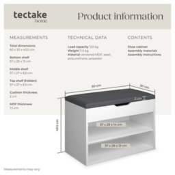 Tectake Shoe Rack Jasmina - Bench With Cushion, 2 Shelves For 6 Pairs Of Shoes, Hinged Lid - 60 Cm - White - thumbnail 6