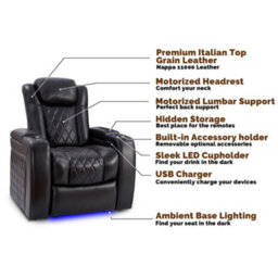 Valencia Tuscany Slim Home Theater Seating Row Of 2 Midnight Black Nappa Leather Diamond Stitching Power Recliner - thumbnail 7