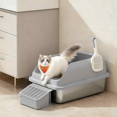 High Sided Stainless Steel Cat Litter Tray, Open Top Cat Toilet With Step, Scoop And Brush, Slate Grey - image 1