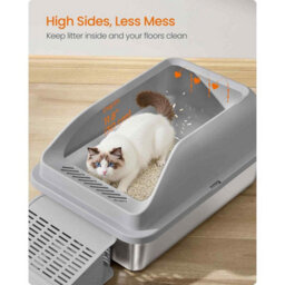 High Sided Stainless Steel Cat Litter Tray, Open Top Cat Toilet With Step, Scoop And Brush, Slate Grey - thumbnail 3