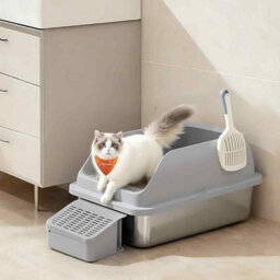 High Sided Stainless Steel Cat Litter Tray, Open Top Cat Toilet With Step, Scoop And Brush, Slate Grey