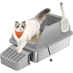High Sided Stainless Steel Cat Litter Tray, Open Top Cat Toilet With Step, Scoop And Brush, Slate Grey - thumbnail 6