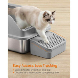 High Sided Stainless Steel Cat Litter Tray, Open Top Cat Toilet With Step, Scoop And Brush, Slate Grey - thumbnail 5