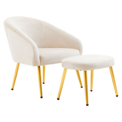 Orsina Beige Velvet Arm Chair With Footstool, Velvet Upholstered Accent Chair & Footstool, Armchair Set For Home - image 1