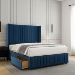 REGIONAL FURNISHINGS Divan Bed Set Blue Plush Velvet Upholstered 54Inch Headboard & Footboard 2Drawersfootend & Mattress In 4Ft 4Ft6 5Ft 6Ft