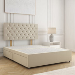 Bsspoke Mia Divan Bed In Cream Plush Velvet 24Inch Headboard & 2 Drawers Same Side & No Mattress In 3Ft 4Ft 4Ft6 5Ft 6Ft