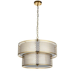 Luminosa Lighting Luminosa Cordero Cylindrical Pendant Ceiling Light Gold Effect Plate, White Fabric & Frosted Glass 6X E27 - thumbnail 7