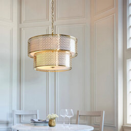 Luminosa Lighting Luminosa Cordero Cylindrical Pendant Ceiling Light Gold Effect Plate, White Fabric & Frosted Glass 6X E27 - thumbnail 4