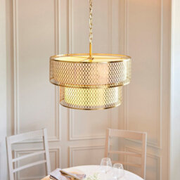Luminosa Lighting Luminosa Cordero Cylindrical Pendant Ceiling Light Gold Effect Plate, White Fabric & Frosted Glass 6X E27 - thumbnail 3