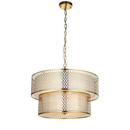 Luminosa Lighting Luminosa Cordero Cylindrical Pendant Ceiling Light Gold Effect Plate, White Fabric & Frosted Glass 6X E27 - thumbnail 6