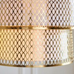Luminosa Lighting Luminosa Cordero Cylindrical Pendant Ceiling Light Gold Effect Plate, White Fabric & Frosted Glass 6X E27 - thumbnail 5