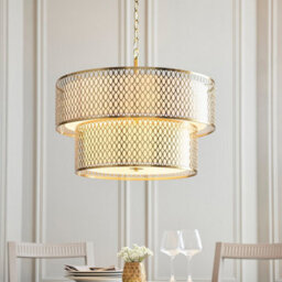 Luminosa Lighting Luminosa Cordero Cylindrical Pendant Ceiling Light Gold Effect Plate, White Fabric & Frosted Glass 6X E27 - thumbnail 2