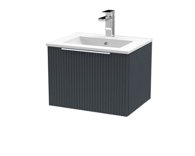 Hudson Reed Fluted Wall Hung 1-Drawer Vanity And Minimalist Basin, Contemporary Sink Vanity Unit, Soft Black, 500mm - image 1