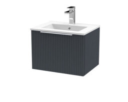 Hudson Reed Fluted Wall Hung 1-Drawer Vanity And Minimalist Basin, Contemporary Sink Vanity Unit, Soft Black, 500mm