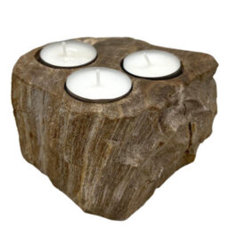 Serenityy Petrified Wood Triple Tealight Candle Holder - Hand-Carved Rustic Brown - thumbnail 3