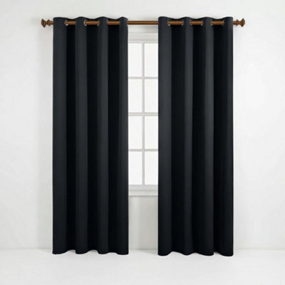 Aspire Homeware Plain Room Darkening Blackout Eyelet Curtain Pair Black (W) 168Cm X (D)228Cm With Tie Back Pair - image 1