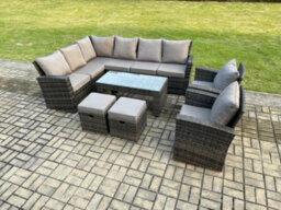 Fimous 10 Seat Rattan Garden Furniture Corner Sofa Set Outdoor Patio Sofa Chair Table Set With 2 Small Footstools Dark Grey - thumbnail 2
