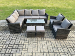 Fimous 10 Seat Rattan Garden Furniture Corner Sofa Set Outdoor Patio Sofa Chair Table Set With 2 Small Footstools Dark Grey - thumbnail 1