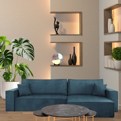 Karl L Maxi Corner Sofa Bed Corduroy Upholstery Storage Springs Universal Left Or Right Hand Side Design Blue - image 1