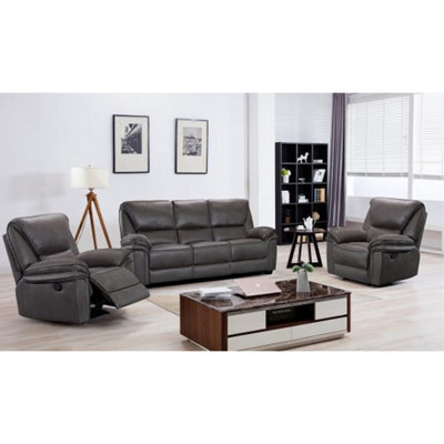 Furnishings For Less UK Boston Grey Fabric Large 3 Piece Sofa Suite Manual Reclining Armchairs + Static 3 Seater Seater Sofa - image 1