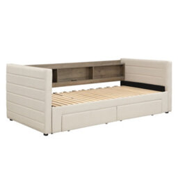 Merax 3Ft Daybed 90 X 190 Cm, Upholstered Sofa Bed With Pull Out Trundle, 2 Storage Drawers And Space-Saving Design, Beige - thumbnail 7