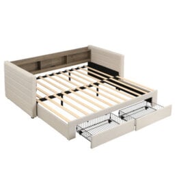 Merax 3Ft Daybed 90 X 190 Cm, Upholstered Sofa Bed With Pull Out Trundle, 2 Storage Drawers And Space-Saving Design, Beige - thumbnail 8