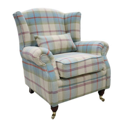 Wing Chair Original Fireside High Back Armchair P And S Balmoral Aqua Blue Check Real Fabric - image 1