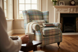 Wing Chair Original Fireside High Back Armchair P And S Balmoral Aqua Blue Check Real Fabric - thumbnail 3