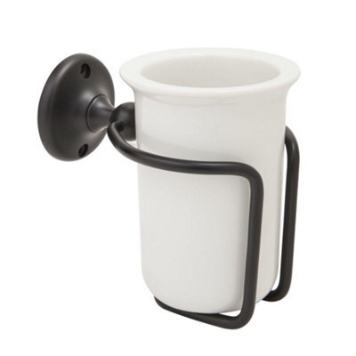 Homestylestore Wall Mounted Bathroom Ceramic Toothbrush Tumbler And Black Holder - image 1