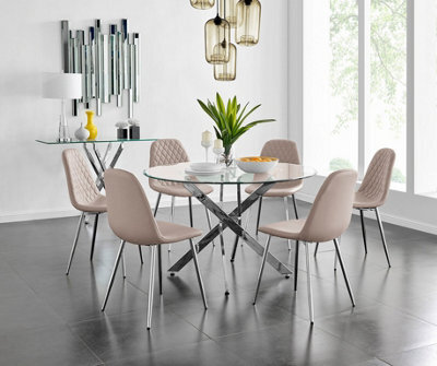 Furniturebox Uk Novara Chrome Metal And Glass Large Round Dining Table And 6 Cappuccino Beige Corona Silver Chairs Set - image 1