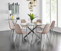 Furniturebox Uk Novara Chrome Metal And Glass Large Round Dining Table And 6 Cappuccino Beige Corona Silver Chairs Set - thumbnail 1