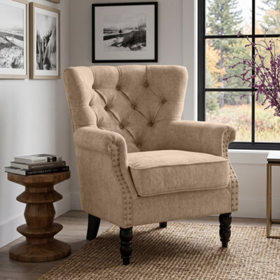 Tufted Nutmeg Beige Accent Chair Liana With Black Wooden Legs - Small Living Room Fabric Armchair - image 1