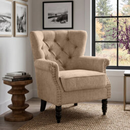 Tufted Nutmeg Beige Accent Chair Liana With Black Wooden Legs - Small Living Room Fabric Armchair - thumbnail 1
