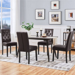 Yaheetech Set Of 2 Brown Faux Leather Dining Chairs With Button Tufted Backrest And Solid Wood Legs