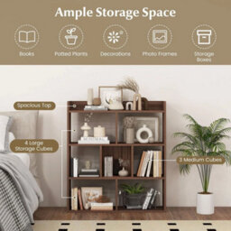 Wooden Bookcase 7 Cubes Open-Back Bookshelf Storage Display Shelf-Walnut - thumbnail 5