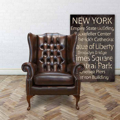 Chesterfield Prince's High Back Wing Chair Antique Brown Leather In Mallory Style - image 1