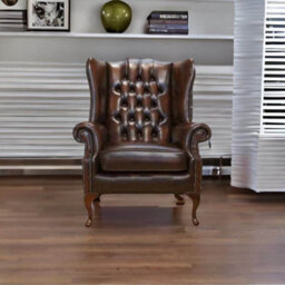 Chesterfield Prince's High Back Wing Chair Antique Brown Leather In Mallory Style - thumbnail 3