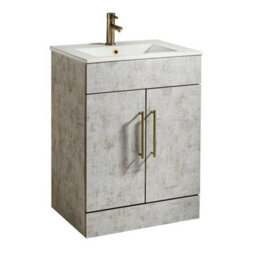 Homestylestore 600mm Concrete Grey Floorstanding Bathroom Vanity Unit And Aged Gold T Bar Handle - thumbnail 1