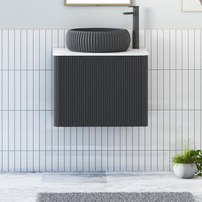 Royal Bathrooms Avenza 600mm Matt Obsidian Black Wall Hung Bathroom Countertop Vanity Unit 1 Drawer With Milan Black Basin